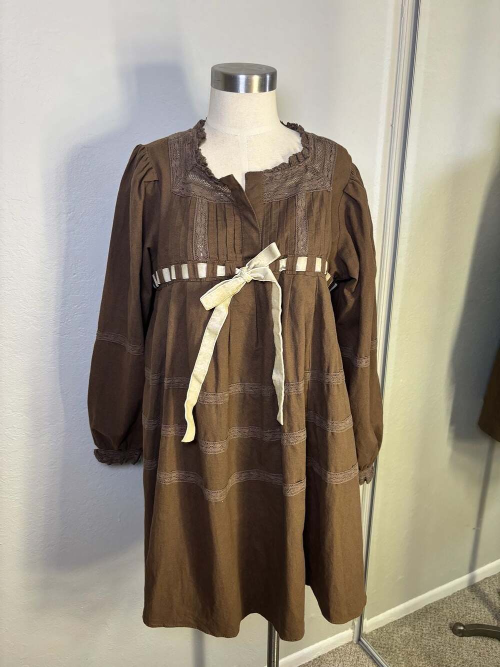 Freepeople Vintage Brown Victorian Style Maxi Dress Long Sleeve Lace Trim